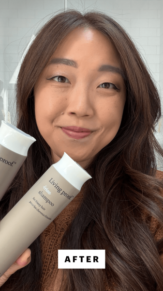 Lee after applying the Living Proof No Frizz Shampoo and Conditioner