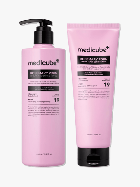 Medicube Rosemary PDRN Shampoo and Conditioner in branded components on a light gray background