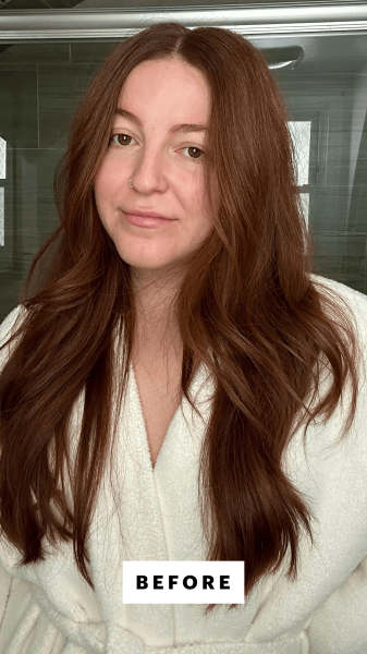 Gulino before applying the Olaplex No. 3 Plus Complete Repair Treatment