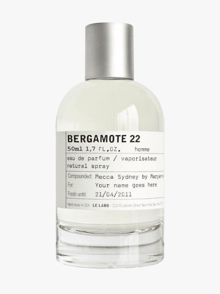 Le Labo Bergamote 22 in branded bottle component on a light gray background
