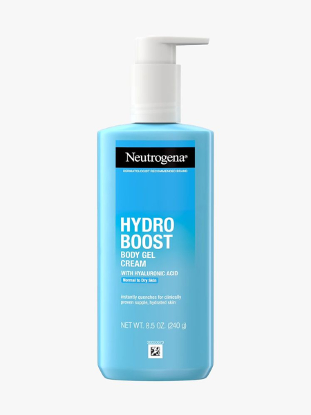 Blue pump bottle of Neutrogena Hydro Boost Body Lotion Gel Cream with white cap on light gray background