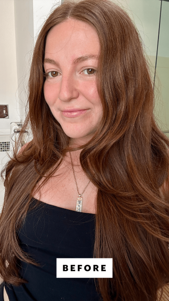 Allure senior staff writer Elizabeth Gulino before applying the Krastase Gloss Absolu Shampoo and Conditioner