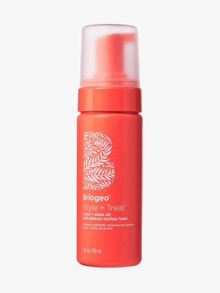 Briogeo Yuzu + Plum Oil Full Miracle Styling Foam in branded component on a light gray background