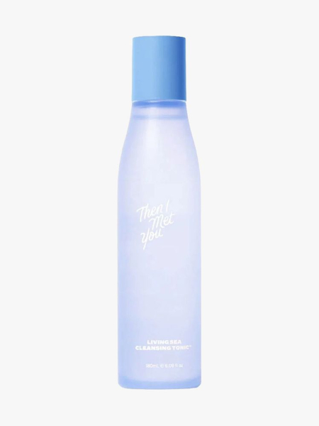 Then I Met You Living Sea Cleansing Tonic light blue bottle on light blue background