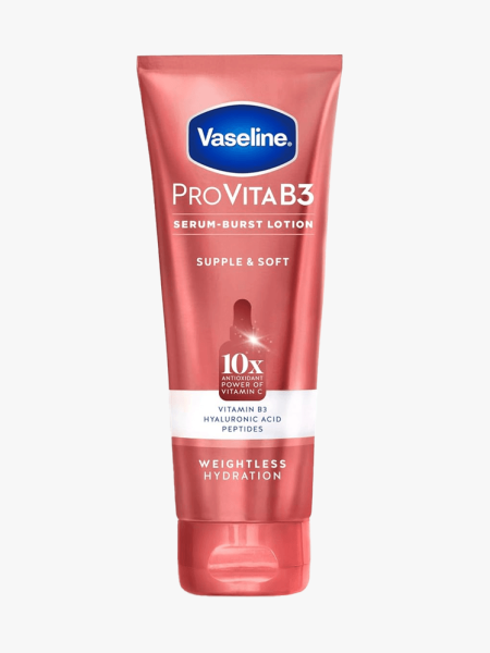 Vaseline Pro VitaB3 Serum Burst Lotion with Niacinamide, Hyaluronic Acid and Peptides in branded tube component on a light gray background